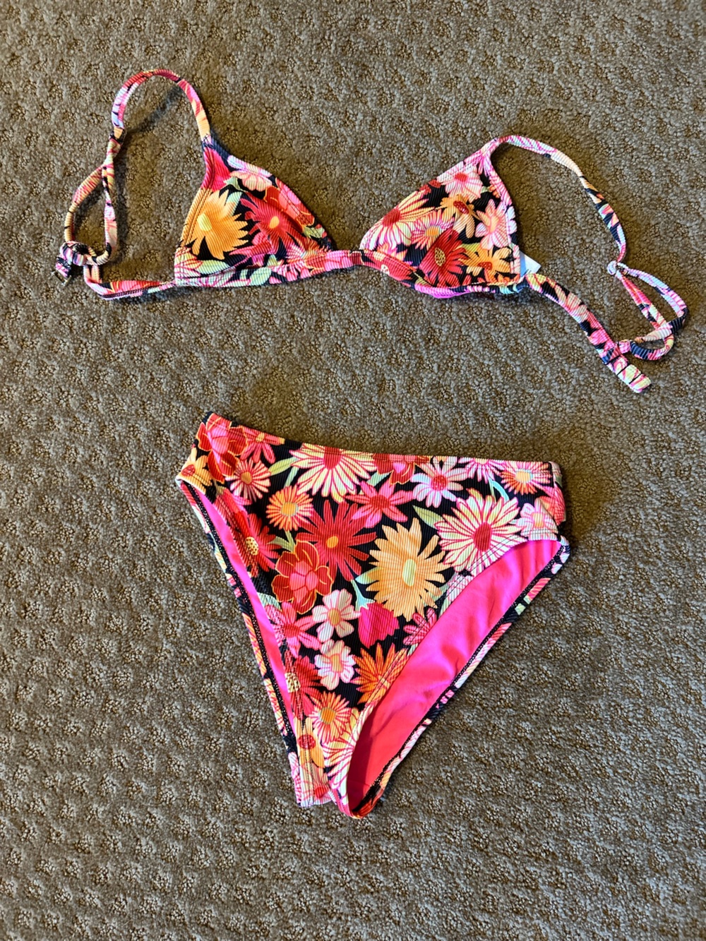Floral Triangle Bikini Set - Pink, Yellow & Black